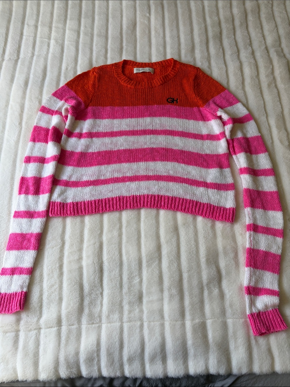Gilly Hicks Orange, Pink and White Striped Knit Crewneck Crop Sweater Sz XS